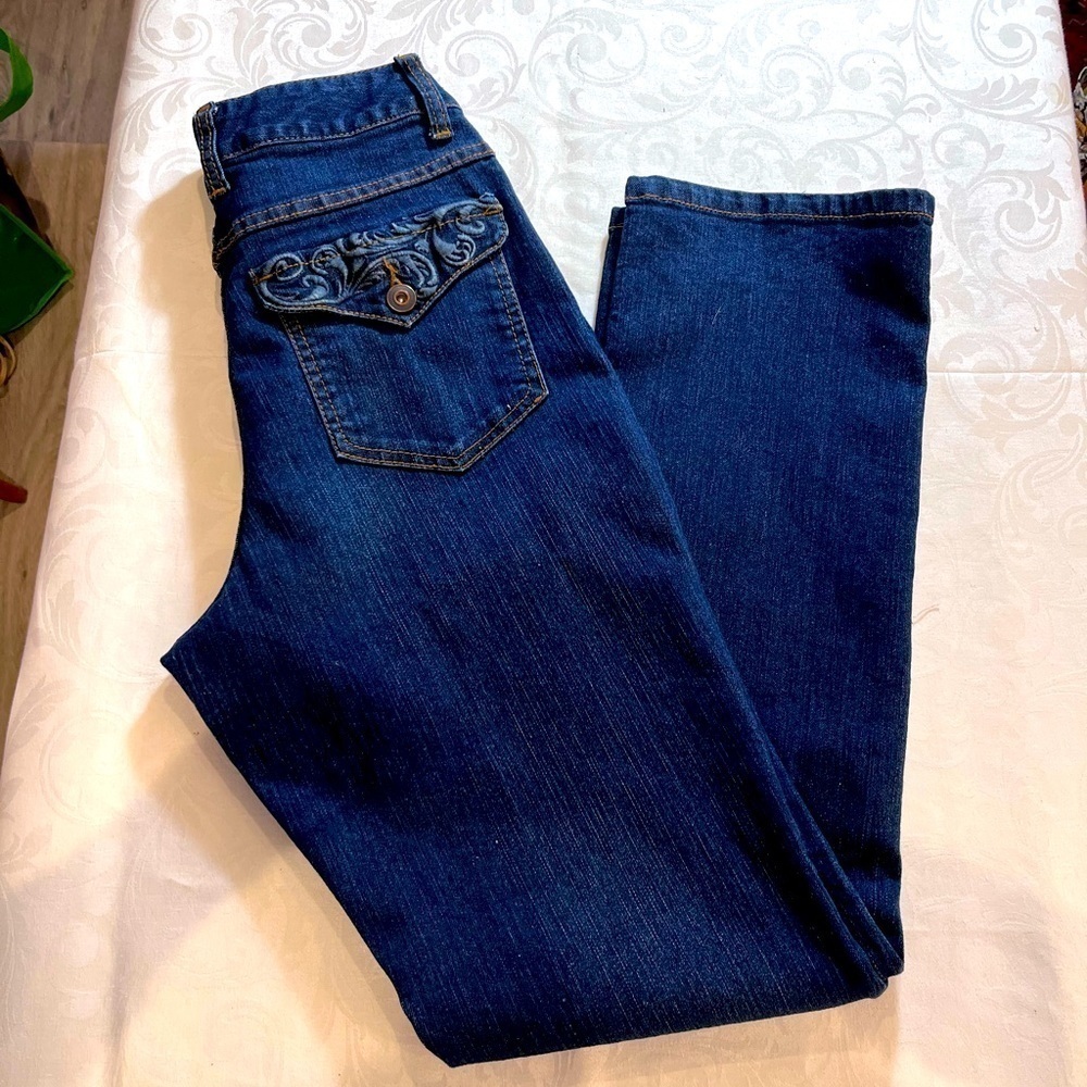 Style &Co Women’s Dark Wash Straight Leg Embroidered Pocket Double button Size 6